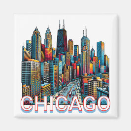 Imã Pop-art Comic Book Art Chicago Illinois Skyline