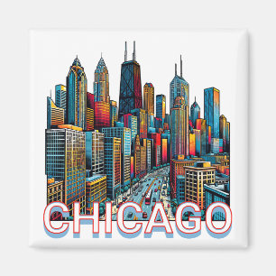Imã Pop-art Comic Book Art Chicago Illinois Skyline
