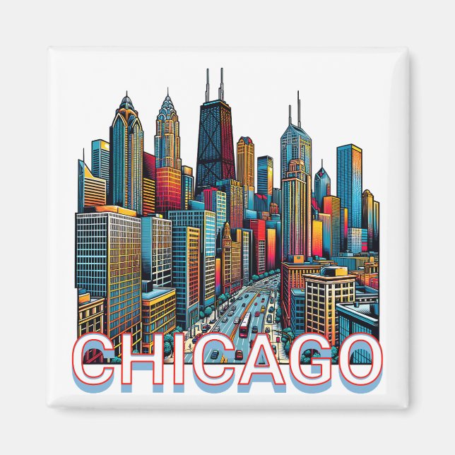 Imã Pop-art Comic Book Art Chicago Illinois Skyline (Frente)