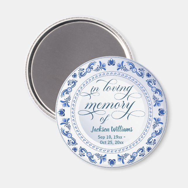 Imã Porcelain Blue Floral Funeral Keepsael (Front/Back)