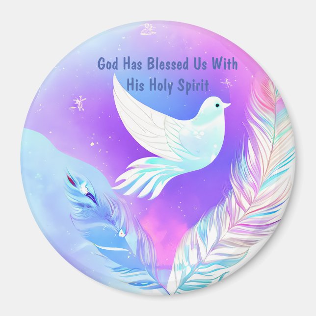 Imã Porta branca com penas cor-de-rosa e azuis (Frente)