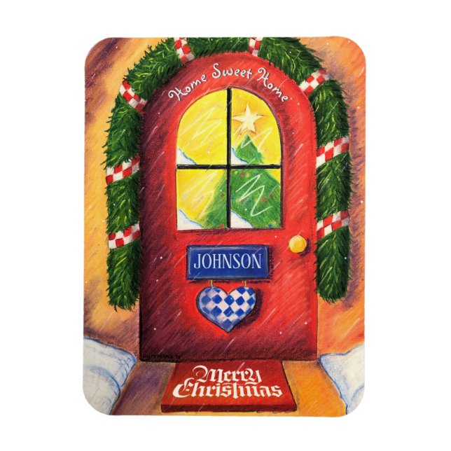 Ímã Porta da Frente Vermelha Cozy - Feliz Natal - Casa (Vertical)