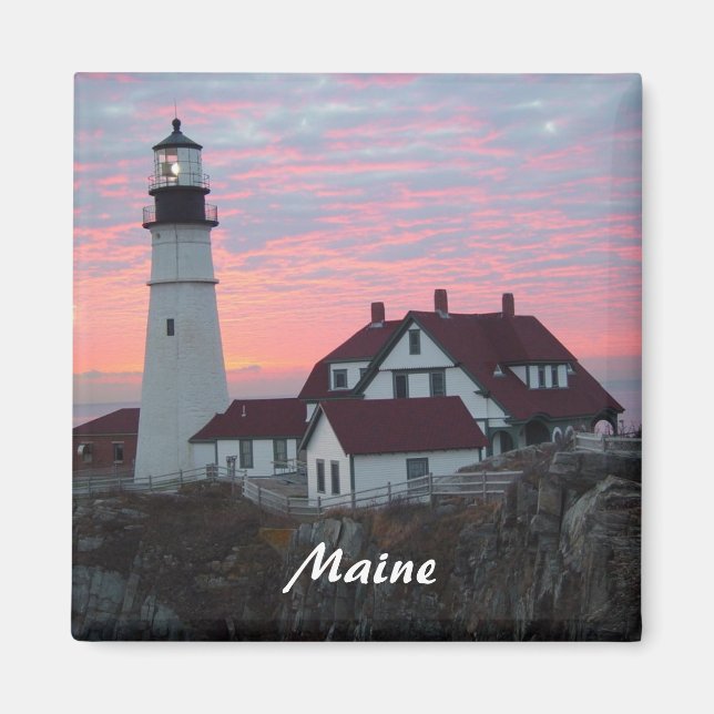 Imã Portland Headlight Sunrise Maine Square Magnet (Frente)