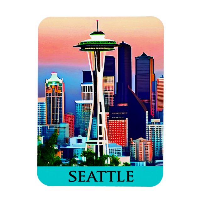 Ímã Poster de viagens de Seattle no céu amanhecer (Vertical)