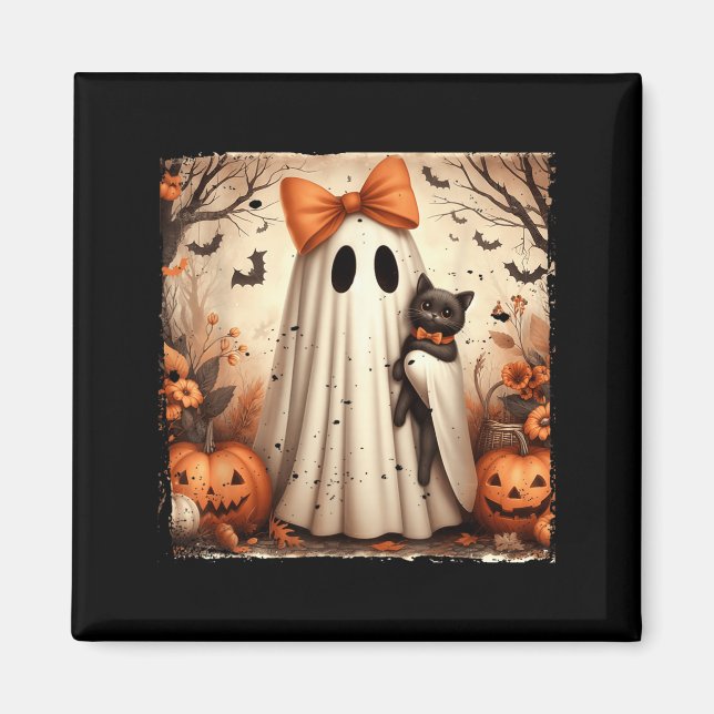 Imã Poster do Fantasma do Halloween Segurando Gatinho  (Frente)