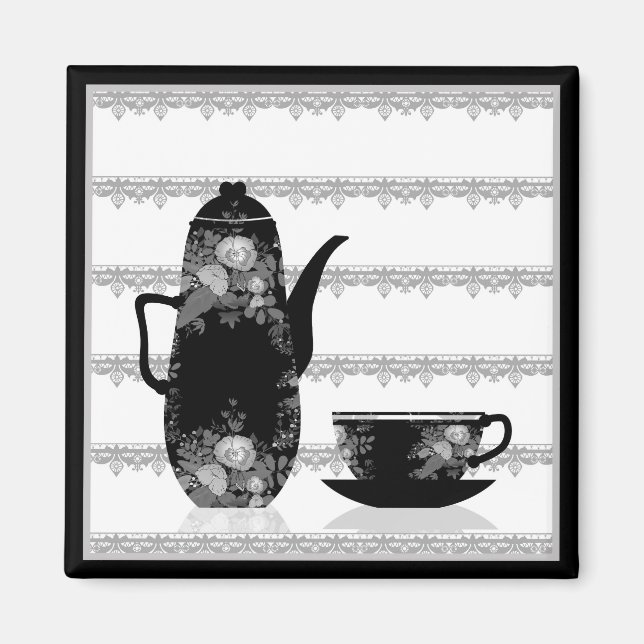 Imã Pote de chá copo de café preto ilustração branca (Frente)