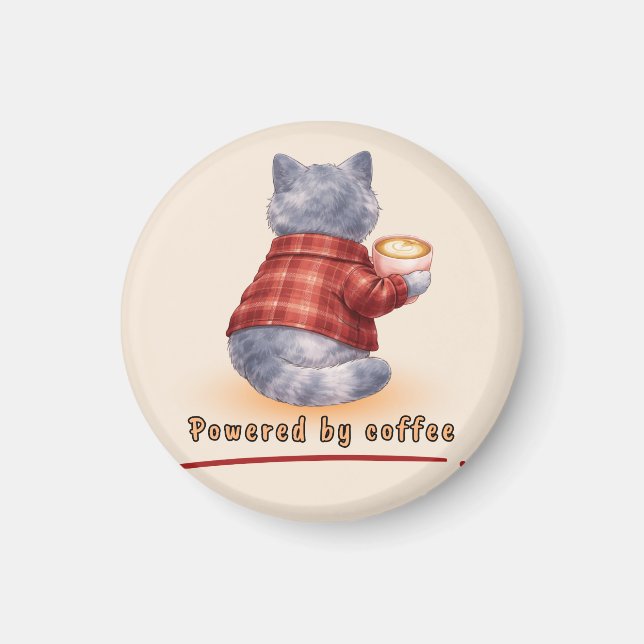 Imã "Powered by Coffee" Cat Holding A Cup of Coffee (Frente)
