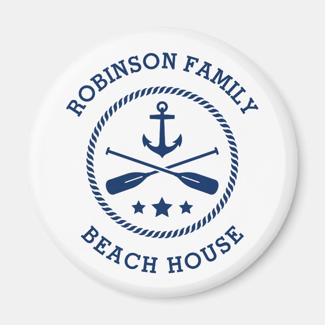 Imã Praia House & Family Name Anchor Oars Stars Round (Frente)