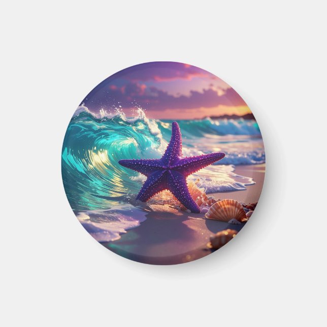 Imã Praia oceânica com estrelas-do-mar roxas (Frente)