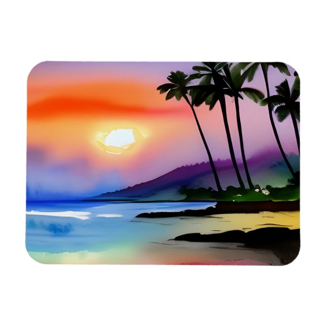 Ímã Praia Tropical Cena em Aquarela  (Horizontal)