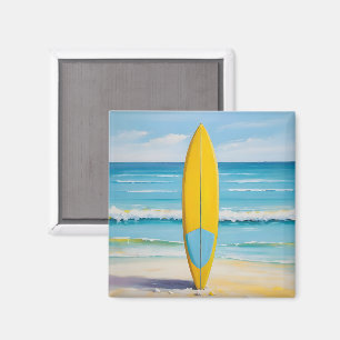 Imã Prancha de surfe azul e amarela na praia