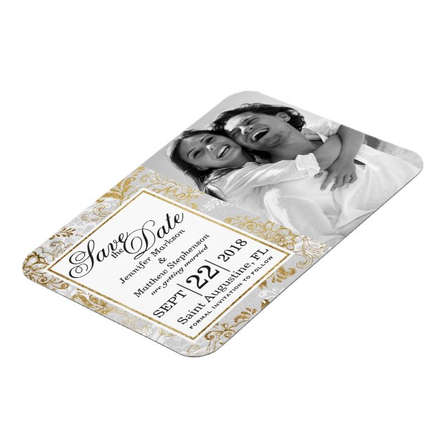 Ímã Prata Dourada Elegante e Cinza Floral Salve as Dat (Left Side)