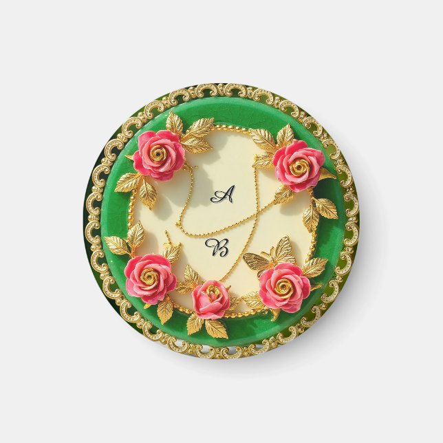 Imã Prato Decorativo Verde Com Borda e Rosa Rosa (Frente)