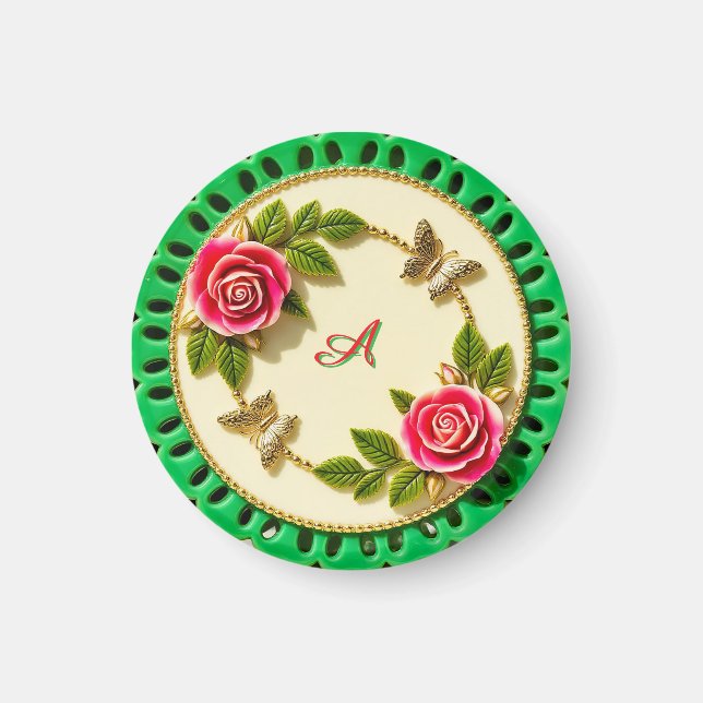Imã Prato Decorativo Verde Com Borda e Rosa Rosa (Frente)