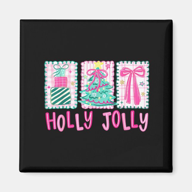 Imã Preppy Holly Xmas Jolly Coquette Bow Christmas Tre (Frente)