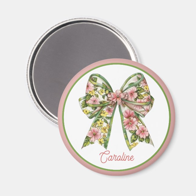 Imã Preppy Pink and Green Floral Bow Personalized (Front/Back)