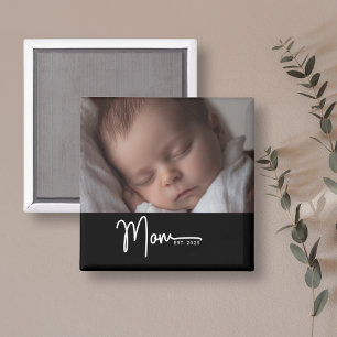 Imã Presente de Foto com Rótulo Moderno Preto para Mãe