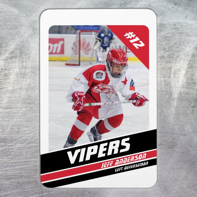 Ímã Presente de Jogador de Hóquei em Vermelho Branco V (Ice Hockey: Create your magnet with a striking white and red jersey, player image, and number.)