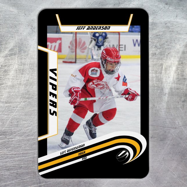 Ímã Presente de Jogador de Hóquei no Gelo em Amarelo P (Ice Hockey: Stand out with this yellow jersey magnet featuring customizable player image, logo!)