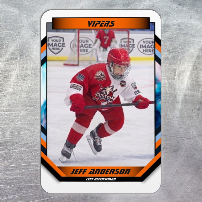 Ímã Presente de Jogador de Hóquei no Gelo em Laranja P (Ice Hockey Trading Card Magnet: Futuristic design, dynamic action. Perfect gift for young fans!)