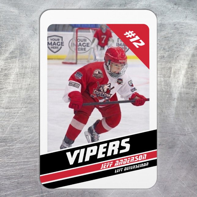 Ímã Presente de jogador de hóquei no gelo em vibrante  (Ice Hockey: Create your magnet with a striking white and red jersey, player image, and number.)