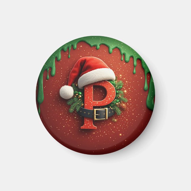 Imã Presente de Natal Monograma P com chapéu de Papai  (Frente)
