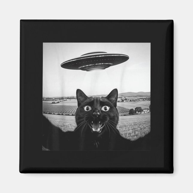 Imã Presente Divertido De Gato Preto Selfie Ufo Alien  (Frente)