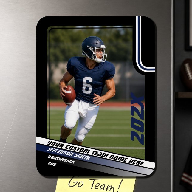 Ímã Presente Personalizado de Futebol Americano em Fot (Celebrate every victory with this bold Blue & White football photo magnet. )