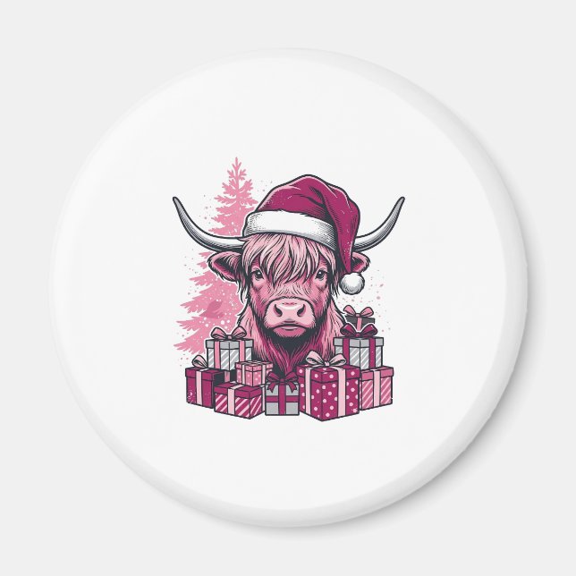 Imã Presentes de Natal da Vaca de Terras Altas Rosa Ar (Frente)