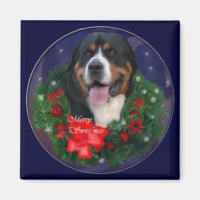Imã Presentes de Natal para Cachorro na Grande Suíça (Frente)