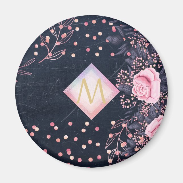 Imã Presentes Rosa Floral Rosa Dourado Monograma Navy  (Frente)