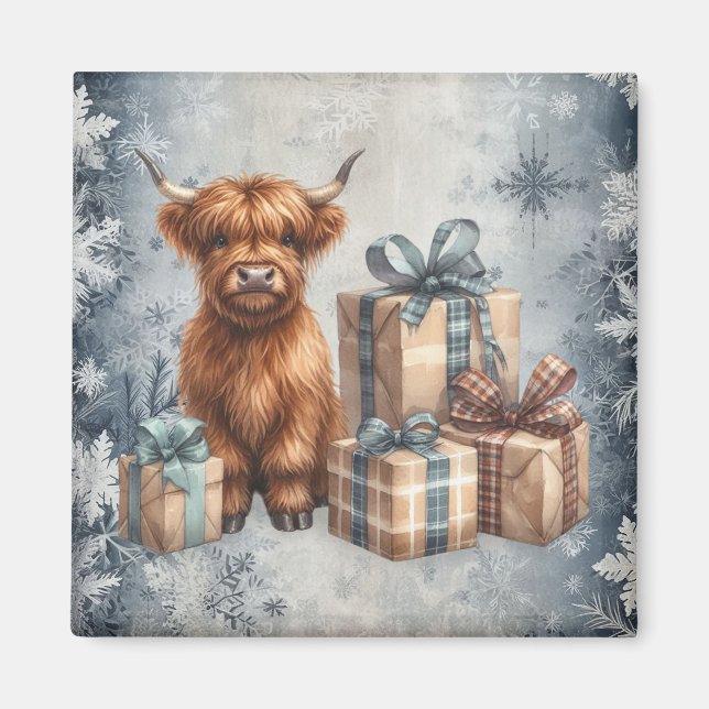Imã Presentes Vaca Highland Inverno Azul (Frente)