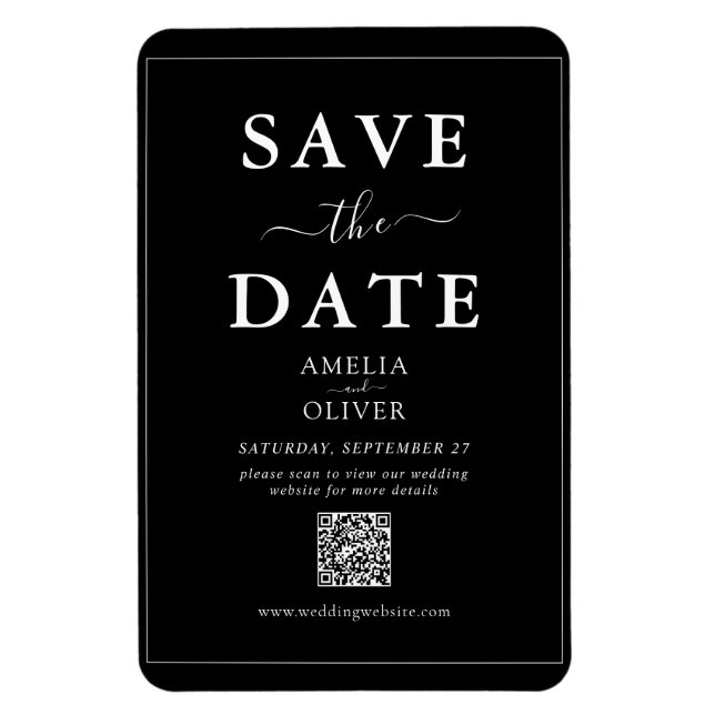 Ímã Preto Código QR Casamento Moderno Salve a Data (Vertical)