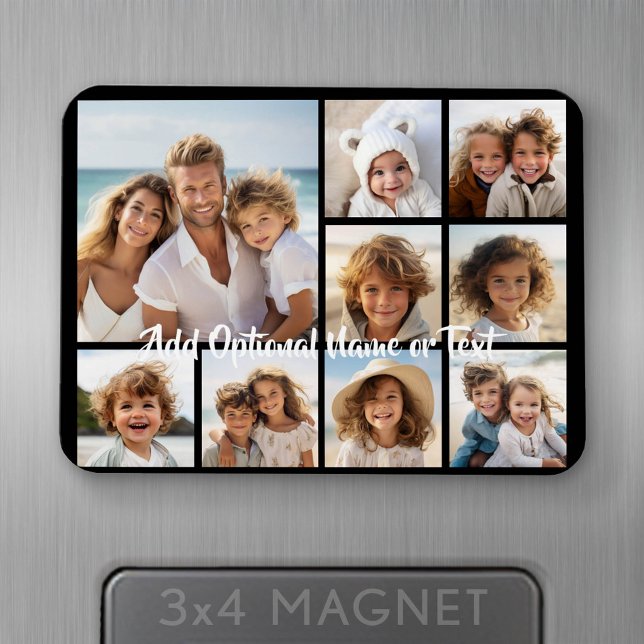 Ímã Preto com Colagem Quadrada de Fotos 9 - com script (Personalized fridge magnet - add photos and custom text)