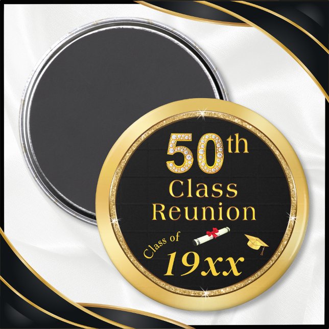 Imã Preto e Dourado, Souvenirs para a 50ª Reunião de C (Cheap 50th Class Reunion Gifts. Black and Gold, 50th class reunion magnets. 50 year high school idea)
