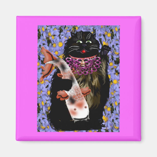 Imã preto maneki neko com koi (Frente)