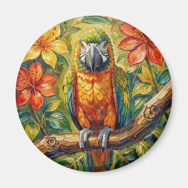 Imã Pretty Colorful Impasto Parrot and Tropical Flower (Frente)