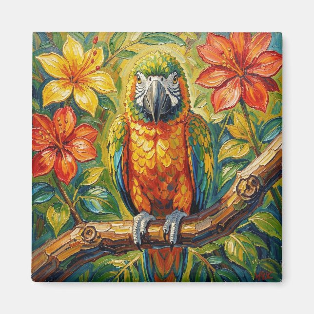 Imã Pretty Colorful Impasto Parrot and Tropical Flower (Frente)