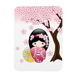 Ímã Primavera Kokeshi Doll - Garota japonesa giratóri