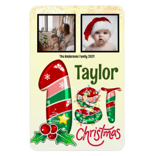 Ímã Primeiro Natal Bebê Duas Fotografias Personalizada