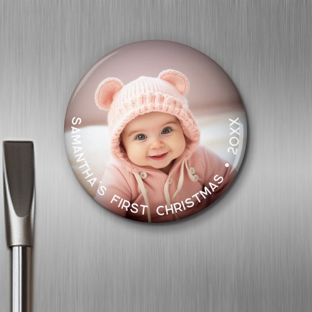 Imã Primeiro Natal do bebê - Foto simples curvada (Personalized Fridge Magnet - Add Custom Text)