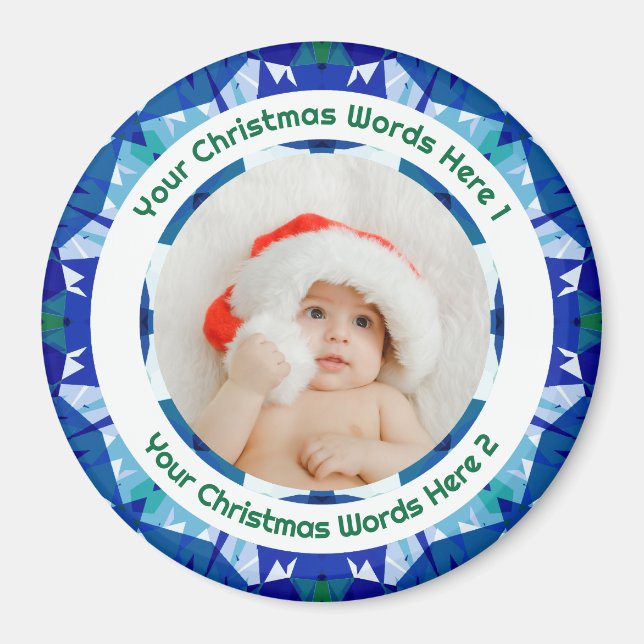 Imã Primeiro Natal do Bebê Presente de Foto Azul Verde (Frente)
