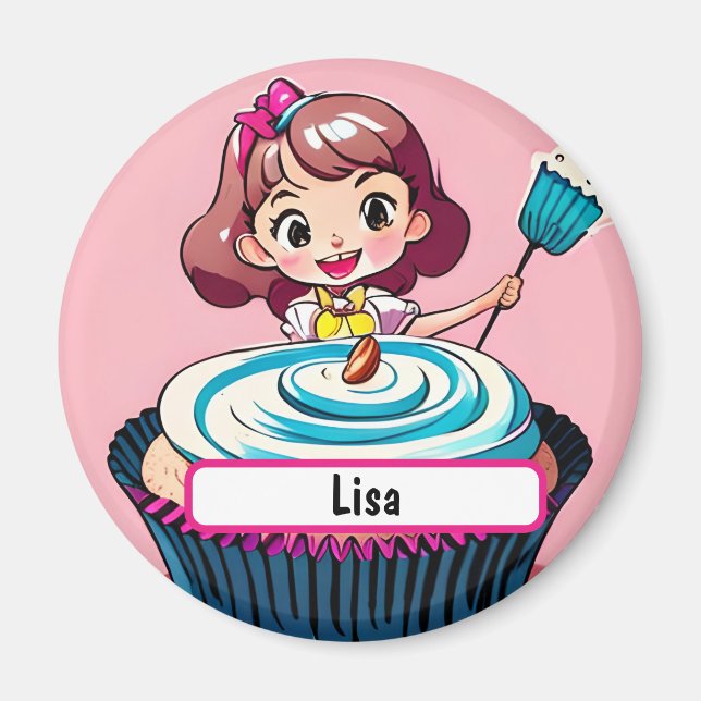 Imã Princesa Cupcake Rosa Com Caráter Personalizável (Frente)