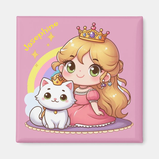 Imã Princesa fofa personalizável com gato branco (Frente)