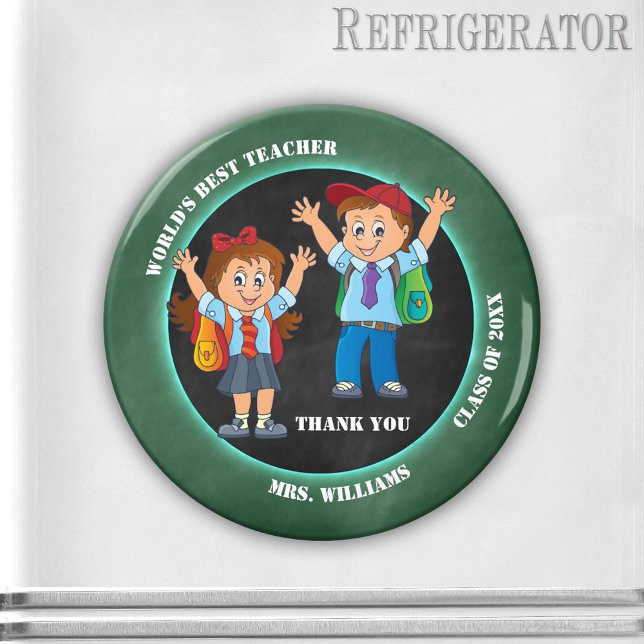 Imã Professor de Cartoon Chalkboard Obrigado Magnet (Cute cartoon magnet featuring happy kids on a blackboard - teacher appreciation - end of the year)