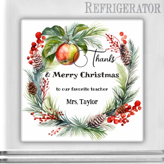 Imã Professor Natal Obrigado Magnet (Magnet featuring a watercolor Christmas holiday wreath with an apple. Thank You teacher gift)