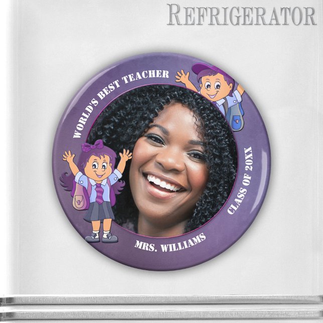 Imã Professor Roxo Obrigado Magnet Personalizado (Cute photo frame magnet featuring a photo of your favorite teacher framed by a modern purple design )