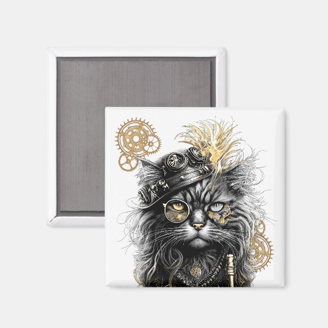 Imã Professor Sprocket-Paws  O Gato Steampunk Funky  (Front/Back)