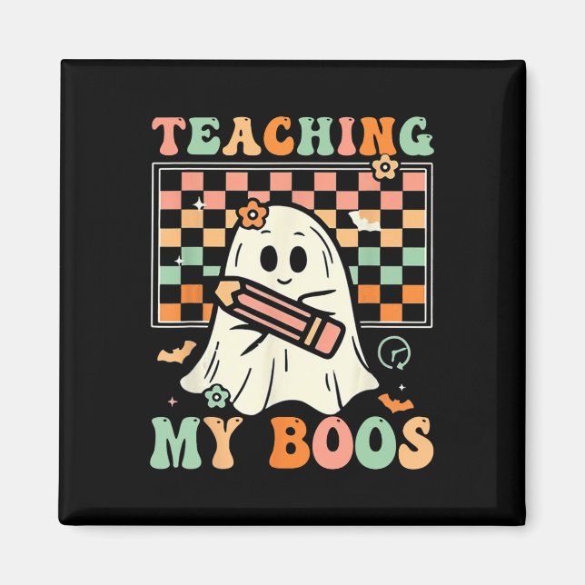 Imã Professora Cute Ghost Groovy Professora Halloween  (Frente)