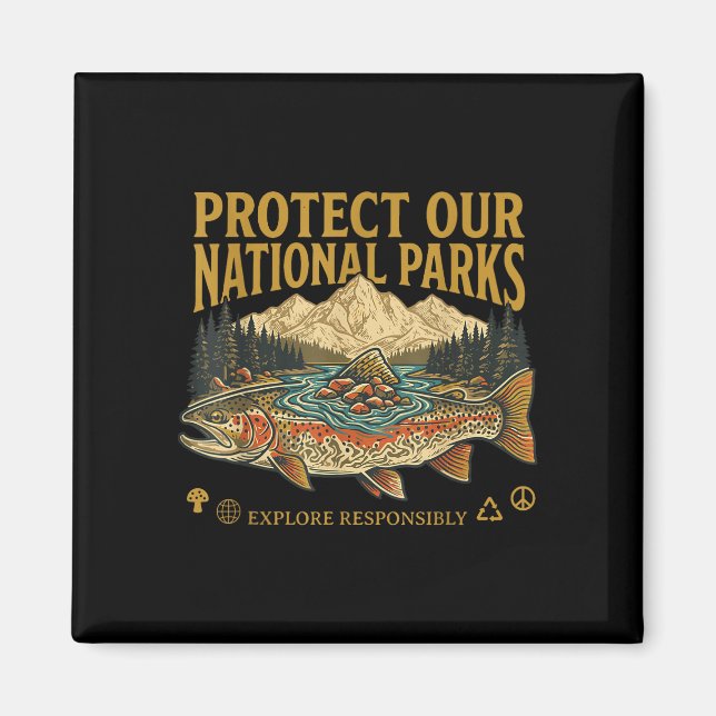 Imã Proteja nossos parques nacionais design retrô vint (Frente)